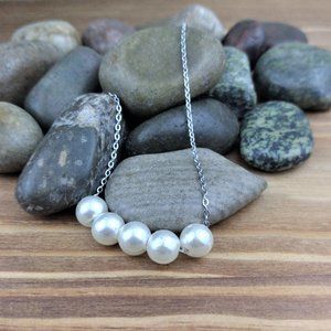 Faux Pearl Silver Tone Chain Necklace